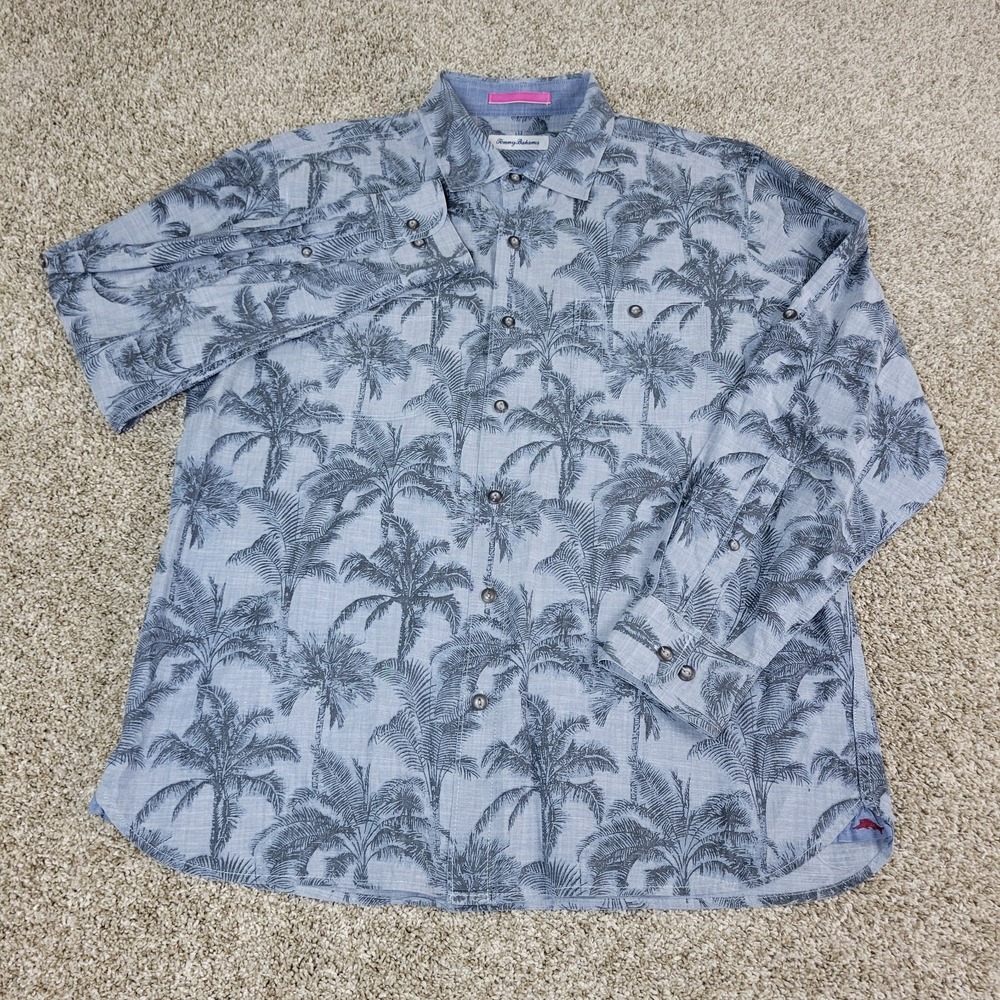 Tommy Bahama Mens‎ Large Gray AOP Floral Button Up Long Sleeve 2 Pocket - Picture 2 of 7